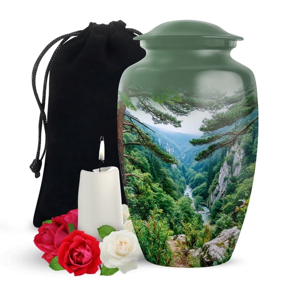 Yatskia Mountains with Green Forest Decorative Cremation Urn for Ashes Adult Men and Women, Large Memorial Urns for Human Ashes Adult Male, (Classic Large, 10 Inch)