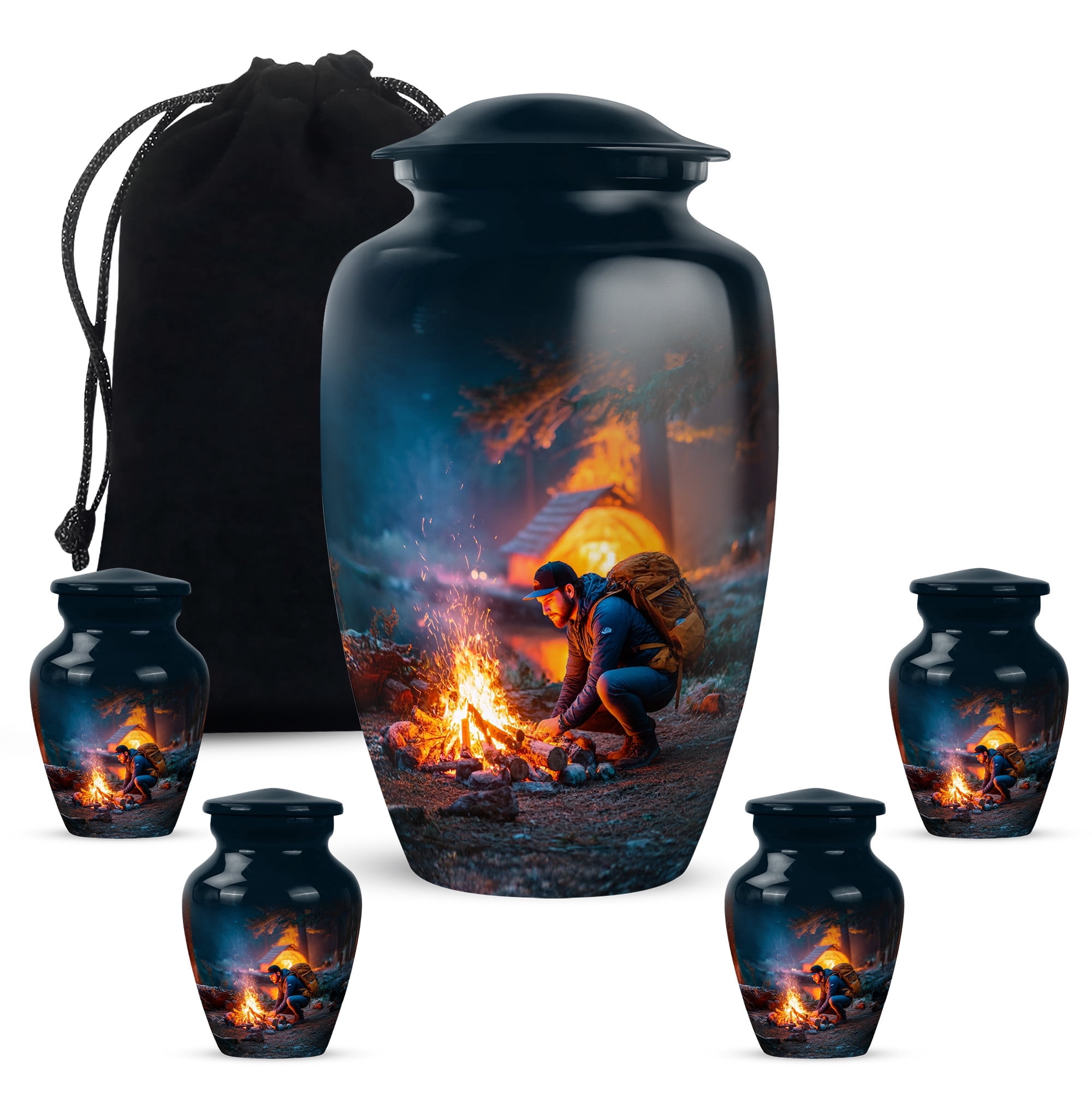 Yatskia Night Campfire Small Urns for Human Ashes Keepsake Adult Mom and Dad, Decorative Large Memorial Urn for Ashes Adult Male, (Classic 10 Inch and 3 Inch)