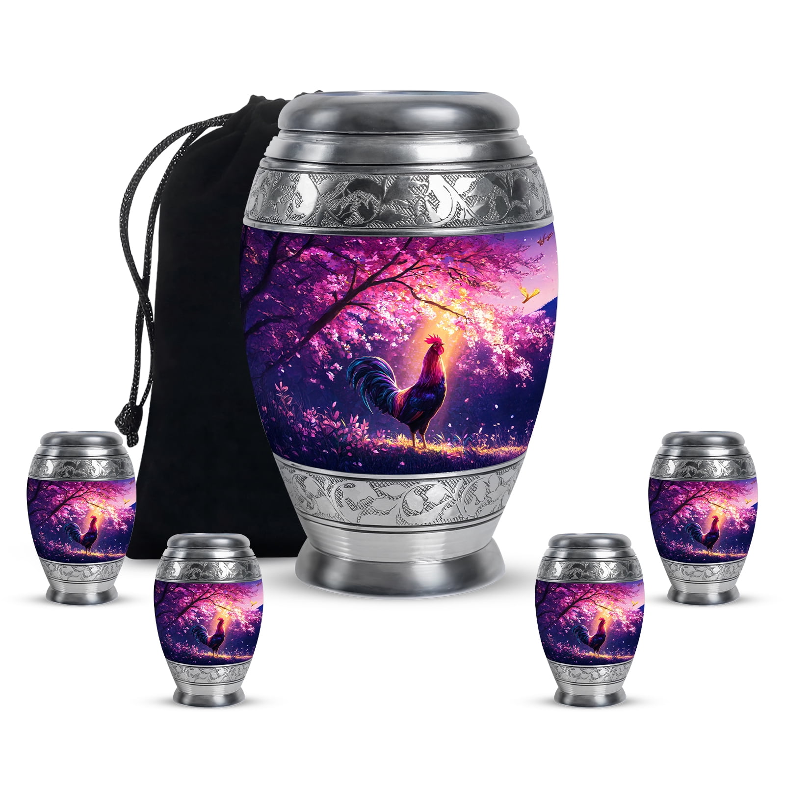 Yatskia Pink Blossoms Rooster Urn for Ashes Adult Male, Memorial Burial Urns for Human Ashes Adult Female, Mini Memorial Urns for Human Ash, (Monar 10 Inch and 3 Inch)