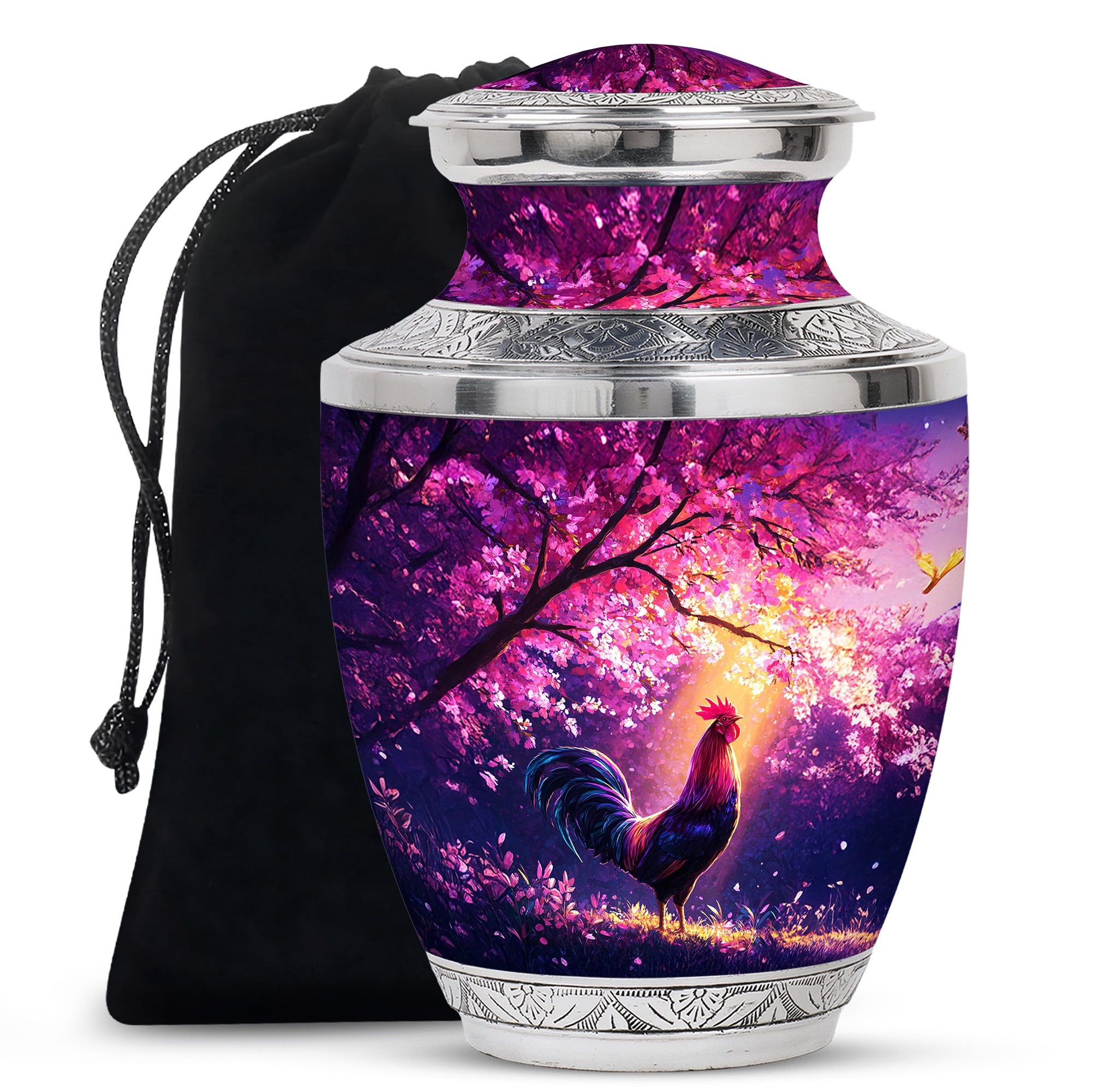 Yatskia Pink Blossoms Rooster Urns for Human Ashes Adult Female, Memorial Urn for Ashes Adult Male, Decorative Urns for Human Ash, (Tasty Large, 10 Inch)