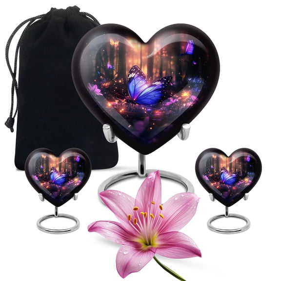 Yatskia Purple Butterfly Small Funeral Urns for Human Ashes Keepsake for Mom, Large Memorial Urn for Ashes for Dad, (Classic 8 Inch and 3 Inch)