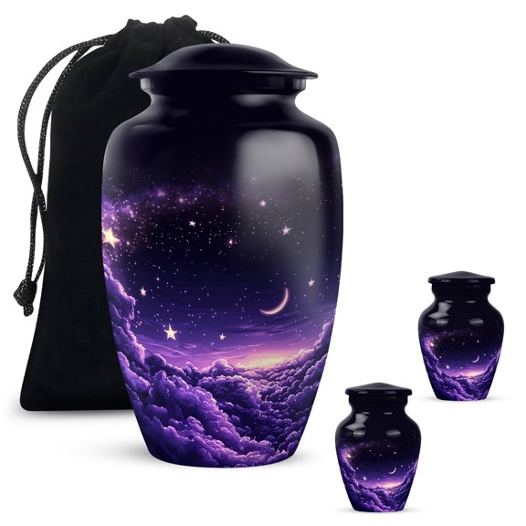 Yatskia Purple Cloud With Moon and Star Mini Urns For Ashes, Funeral Urns For Adult Ashes Men, (Classic 10 Inch and 3 Inch)