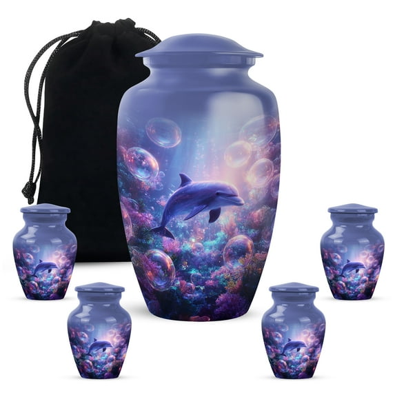Yatskia Purple Dolphin Urns for Human Ashes Adult Female, Decorative Urns for Human Ash, Large Burial Urn for Ashes Adult Male, (Classic 10 Inch and 3 Inch)