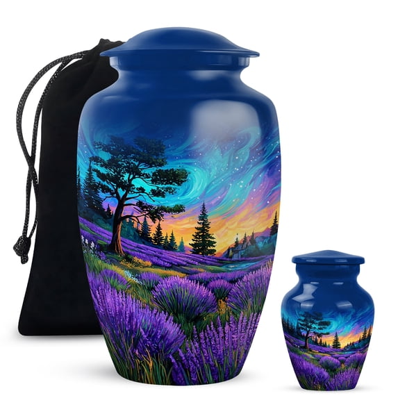 Yatskia Purple Lavender Grass with Tree Little Funeral Keepsake Urn for Ashes Adult Brother and Sister, Decorative Large Cremation Urns for Human Ashes Adult, (Classic 10 Inch and 3 Inch)