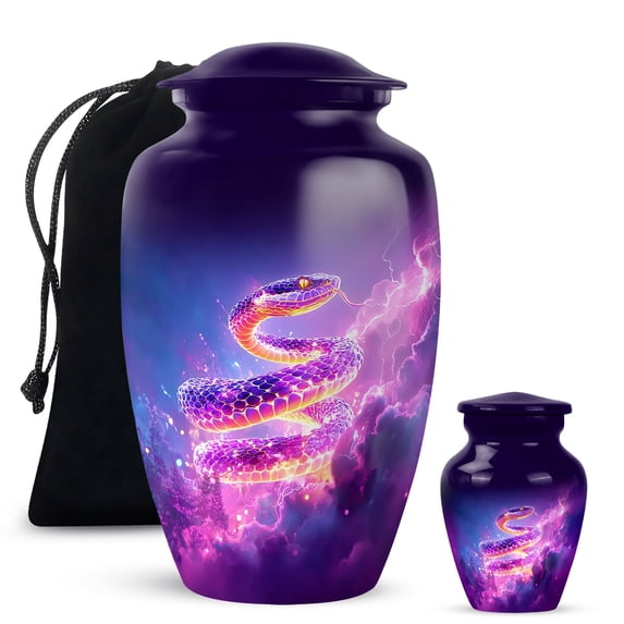 Yatskia Purple Snake with Thunderstorm Little Funeral Keepsake Urn for Ashes Adult Brother and Sister, Decorative Large Cremation Urns for Human Ashes Adult, (Classic 10 Inch and 3 Inch)