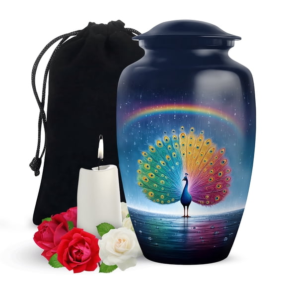 Yatskia Rainbow Rainy Peacock Large Memorial Urns for Human Ashes Adult Mom and Dad, Burial Urn for Ashes Adult, (Classic Large, 10 Inch)