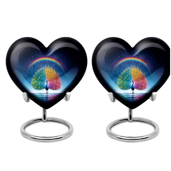Yatskia Rainbow Rainy Peacock Mini Holder Cremation Urn for Adult Ashes Men and Women, Little Funeral Urns for Human Ashes, (Heart Pack of 2, 3 Inch)