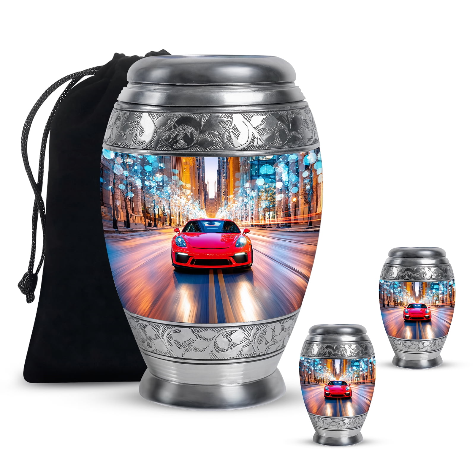 Yatskia Red Car Decorative Large Memorial Urns for Human Ashes Adult Mother and Father, Mini Cremation Urn for Ashes Adult, (Monar 10 Inch and 3 Inch)