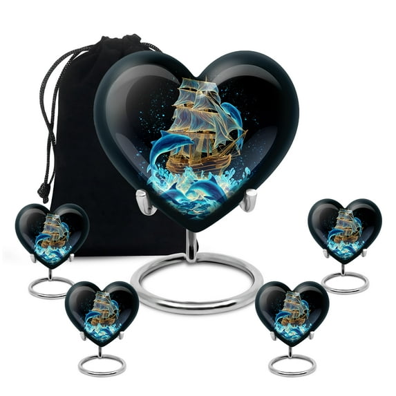 Yatskia Sailing Ship Urns for Human Ashes Adult Female, Funeral Keepsake Urns for Human Ash, Large Cremation Burial Urn for Ashes Adult Male, (Heart 8 Inch and 3 Inch)