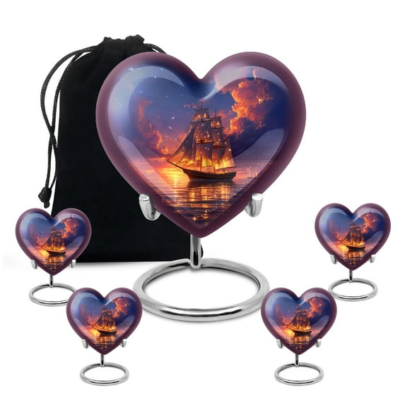 Yatskia Sailing Ship Urns for Human Ashes Adult Female, Large Burial Urns for Human Ash, Mini Memorial Urn for Ashes Adult Male, (Heart 8 Inch and 3 Inch)