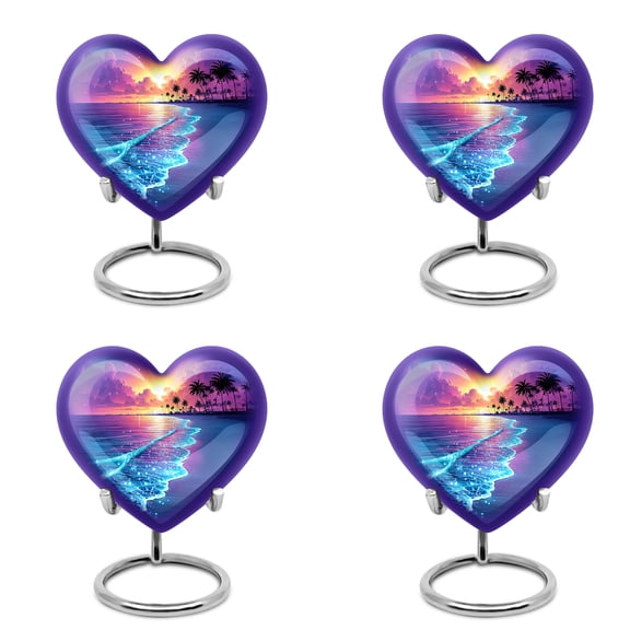 Yatskia Sparkling Beach Purple Small Cremation Urns for Human Ashes Adult Brother and Sister, Decorative Little Keepsake Urn for Adult Ashes, (Heart Pack of 4, 3 Inch)