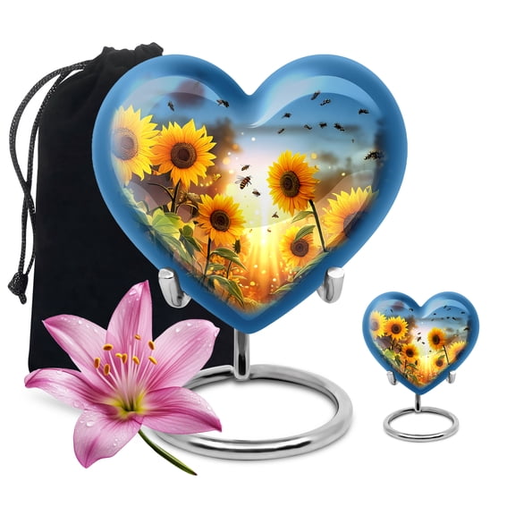 Yatskia Sunflower with Bees Large Memorial Urns for Human Ashes Adult Mother and Father, Small Cremation Keepsake Urn for Ashes Adult, (Heart 8 Inch and 3 Inch)