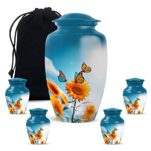 Yatskia Sunflower with Butterflies Large Funeral Urns for Human Ashes Adult Mother and Father, Little Memorial Keepsake Urn for Ashes Adult, (Classic 10 Inch and 3 Inch)