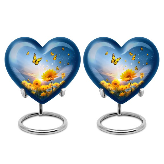 Yatskia Sunflower with Butterflies Little Keepsake Urn for Adult Ashes Mom and Dad, Small Funeral Urns for Human Ashes Adult, (Heart Pack of 2, 3 Inch)