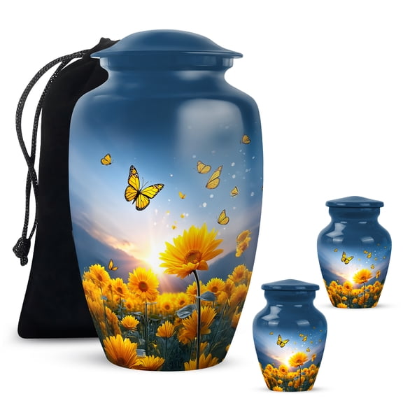 Yatskia Sunflower with Butterflies Little Keepsake Urn for Adult Ashes Mother and Father, Large Funeral Urns for Human Ashes Adult, (Classic 10 Inch and 3 Inch)