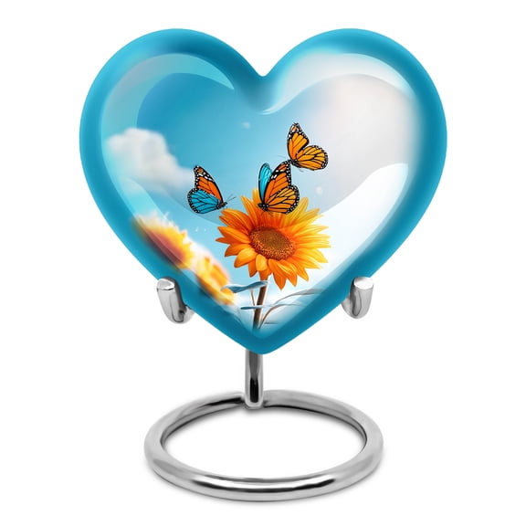Yatskia Sunflower with Butterflies Little Memorial Urns for Human Ashes Adult Male and Female, Small Cremation Urn for Ashes Adult, (Heart Pack of 1, 3 Inch)