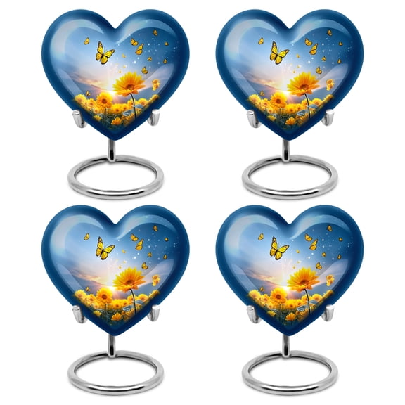 Yatskia Sunflower with Butterflies Mini Funeral Urns for Human Ash Adult Mother and Father, Little Keepsake Burial Urn for Ashes Adult, (Heart Pack of 4, 3 Inch)
