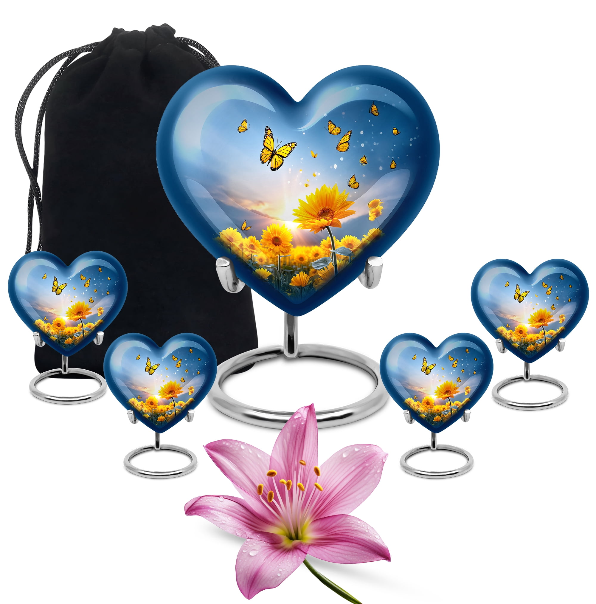 Yatskia Sunflower with Butterflies Mini Memorial Urns for Human Ashes Adult Mom and Dad, Large Funeral Burial Urn for Adult Ashes, (Heart 8 Inch and 3 Inch)