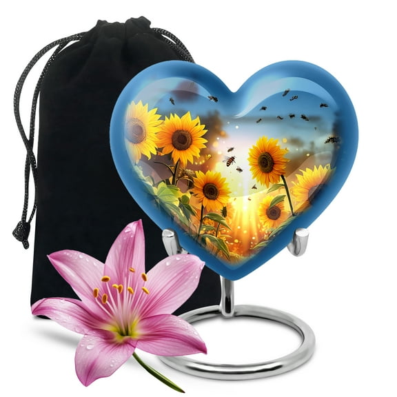 Yatskia Sunflower with Bees Large Funeral Urns for Human Ashes Adult Male and Female, Decorative Cremation Urn for Ashes Adult, (Heart Large, 8 Inch)