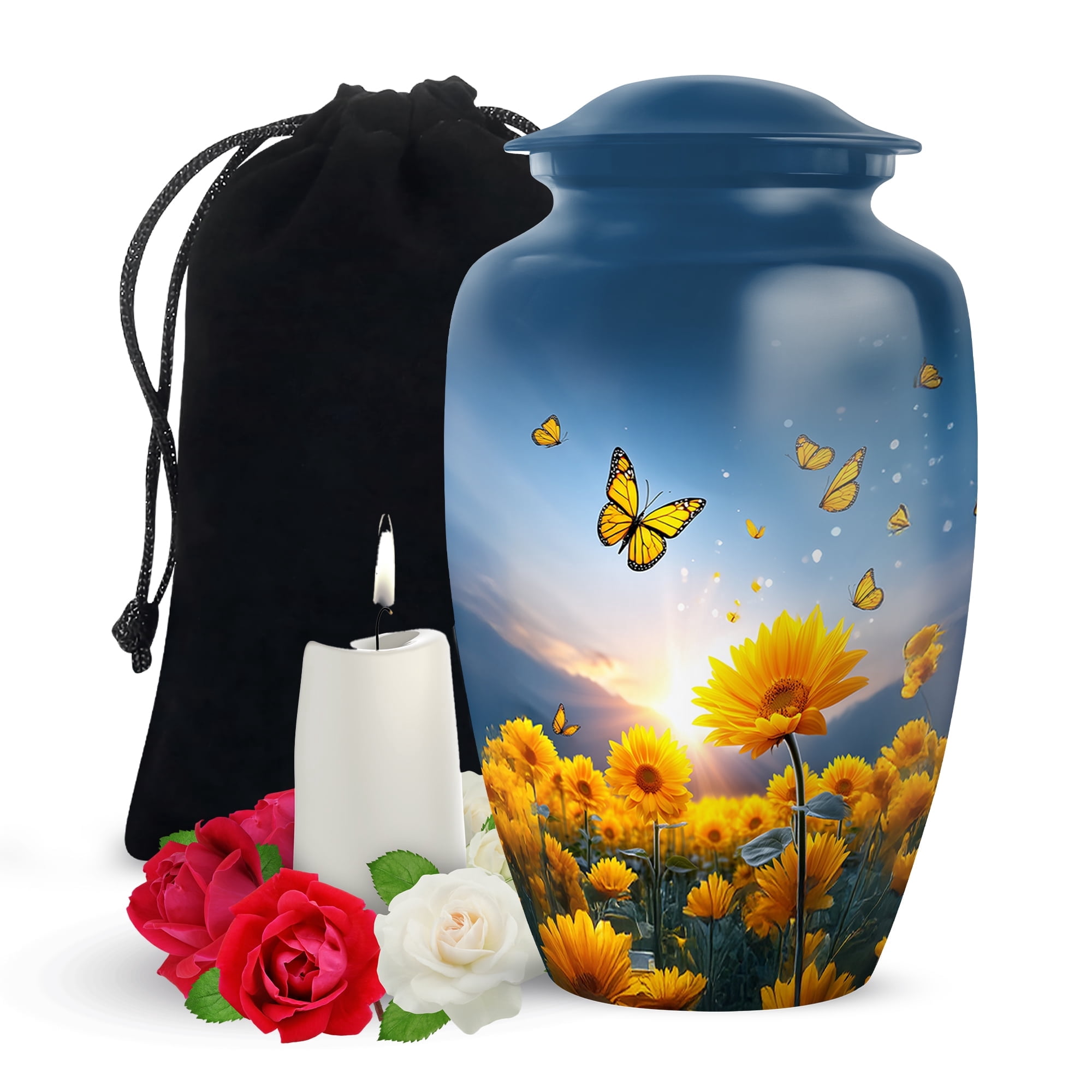 Yatskia Sunflower with Butterflies Cremation Urns for Human Ashes Adult Man, Large Blue Memorial Urn for Ashes for Women, (Classic Large, 10 Inch)