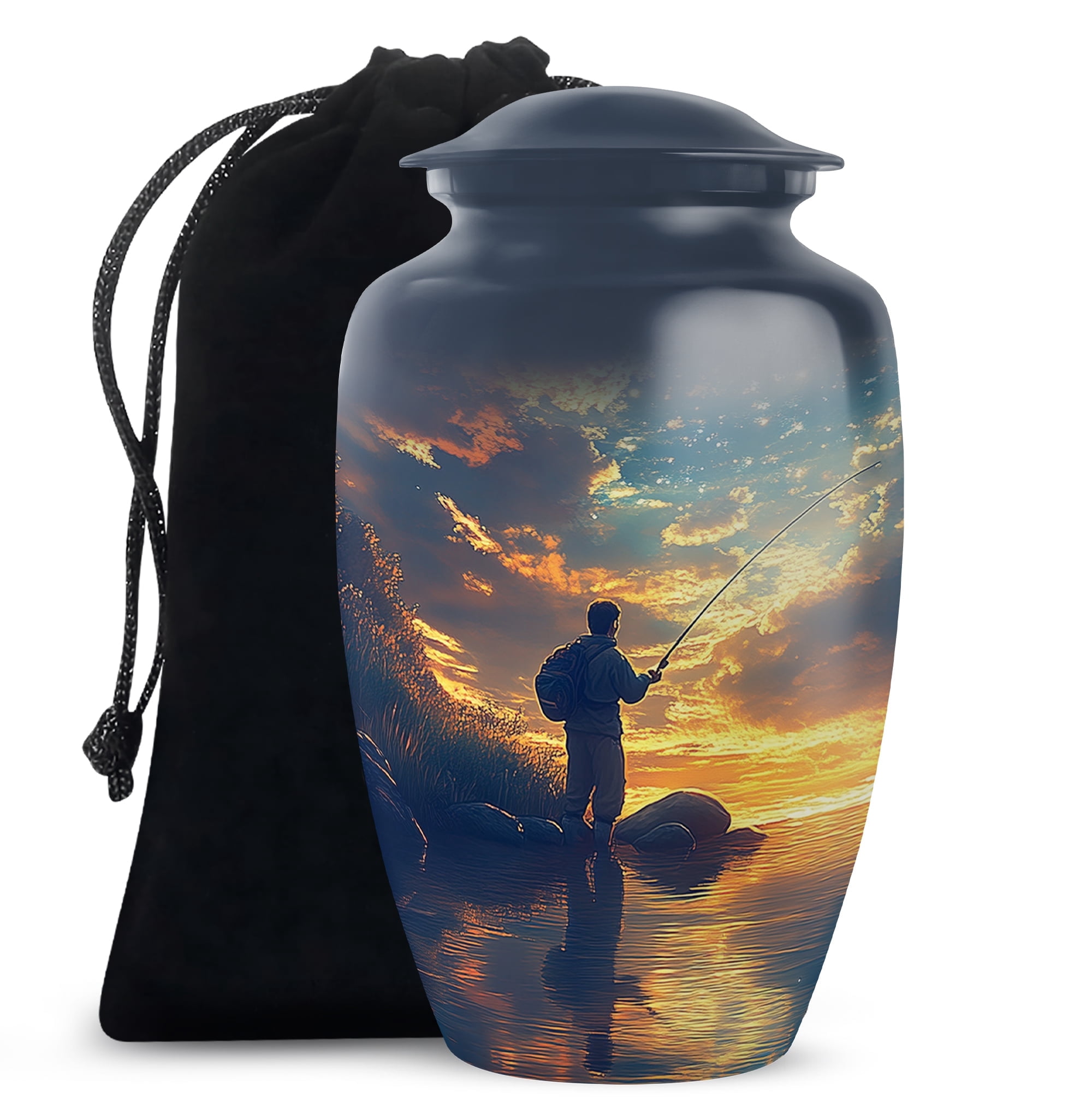 Yatskia Sunrise Fisherman Large Cremation Urns for Human Ashes Adult Mom and Dad, Decorative Burial Urn for Adult Ashes, (Classic Large, 10 Inch)