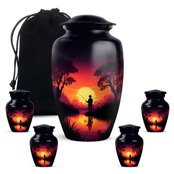 Yatskia Sunset Fishing Urns for Human Ashes Adult Man, Memorial Urn for Ashes for Women, Decorative Funeral Urn for Human Ash, (Classic 10 Inch and 3 Inch)