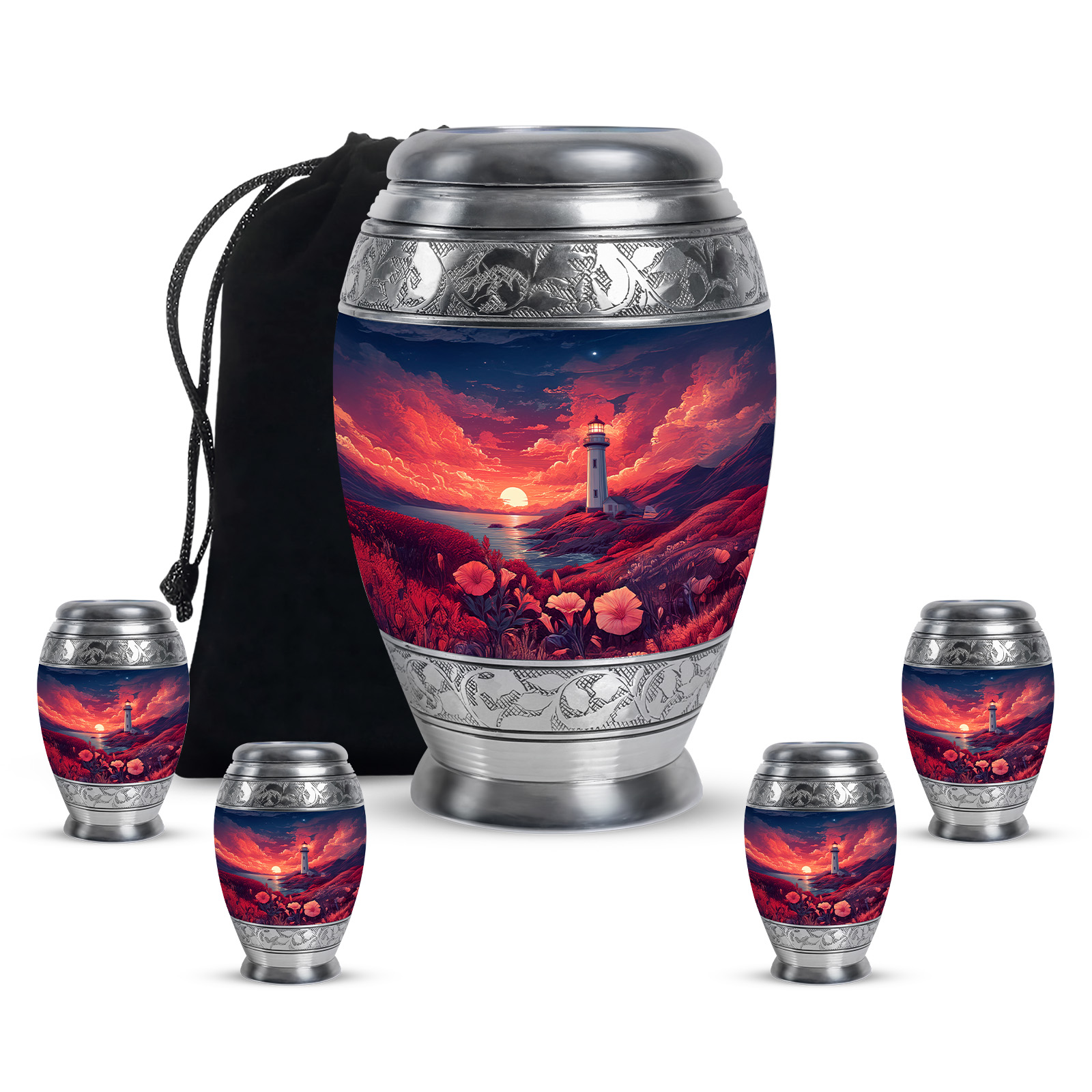 Yatskia Sunset Lighthouse Little Keepsake Urns for Human Ashes Adult Brother and Sister, Large Funeral Urn for Ashes Adult, (Monar 10 Inch and 3 Inch)