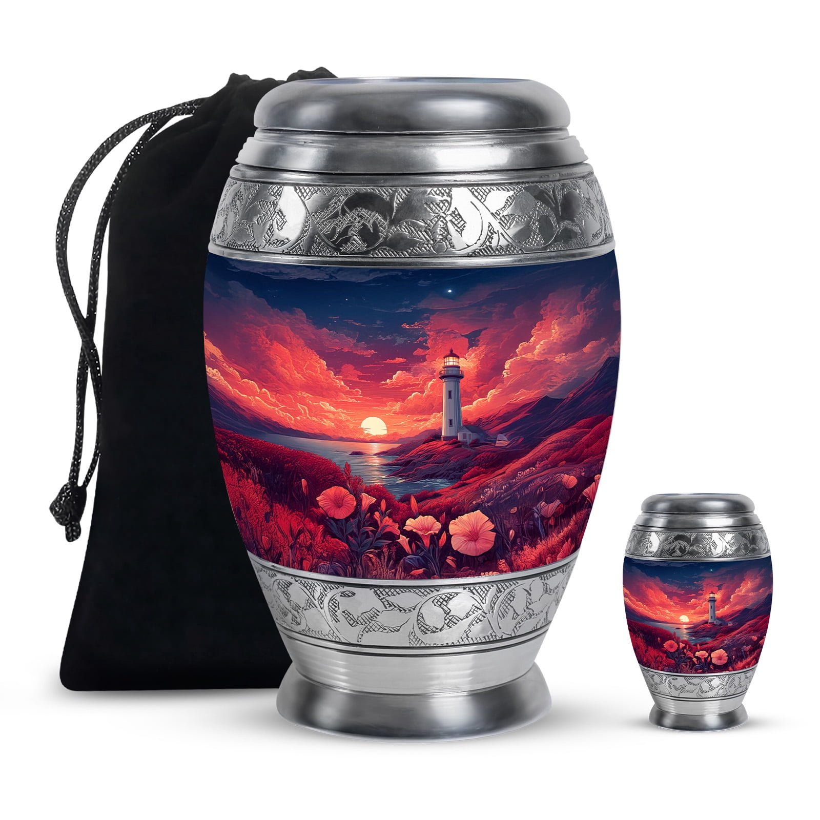 Yatskia Sunset Lighthouse Small Cremation Urns for Human Ashes Adult Men and Women, Large Memorial Urn for Ashes Adult, (Monar 10 Inch and 3 Inch)