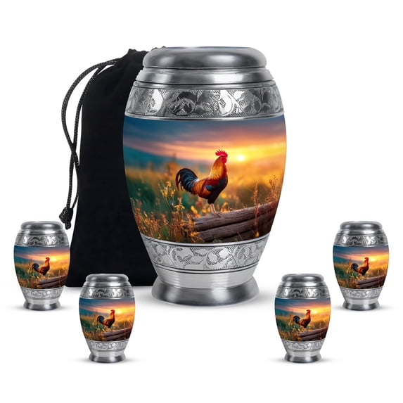Yatskia Sunset Rooster Urn for Ashes for Women, Funeral Keepsake Urns for Human Ashes Adult Man, Large Decorative Urns for Adult Ash, (Monar 10 Inch and 3 Inch)