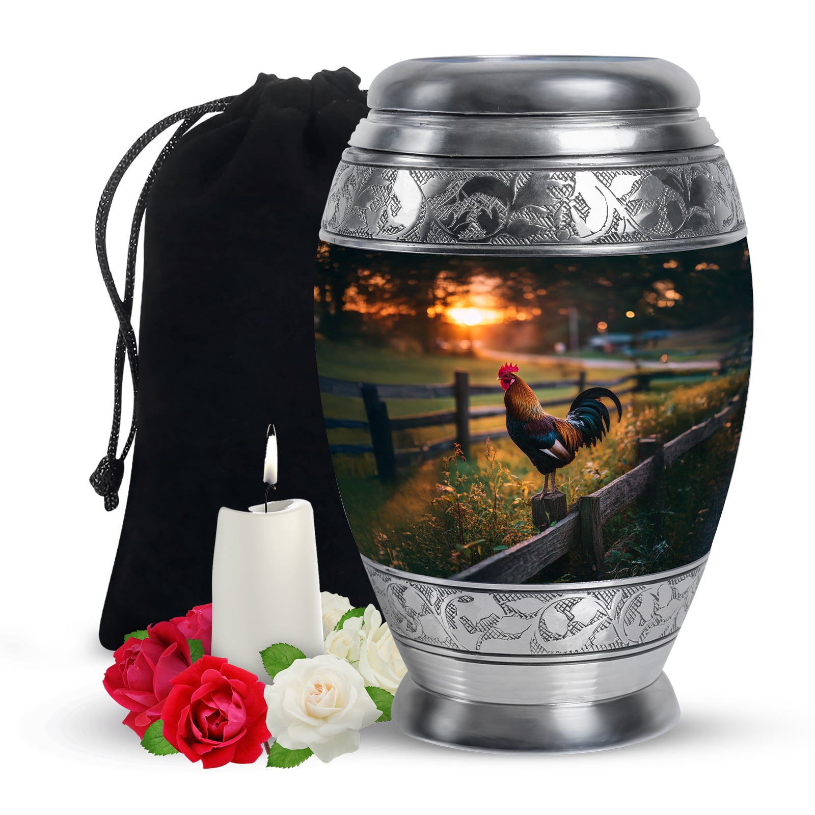 Yatskia Sunset Rooster Urns for Human Ashes Adult Man, Cremation Burial Urn for Ashes for Women, Decorative Urns for Human Ash, (Monar Large, 10 Inch)