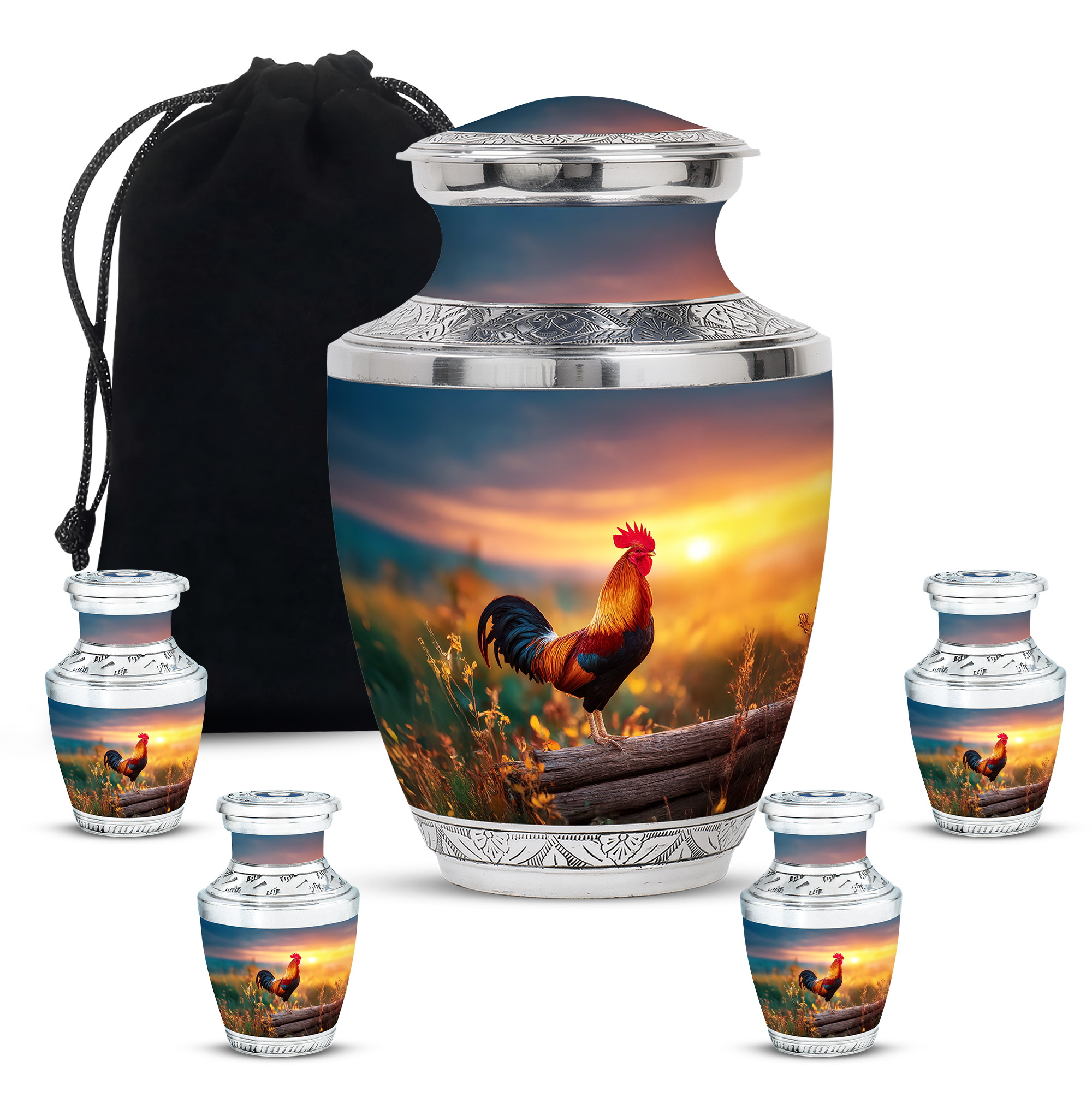 Yatskia Sunset Rooster Urns for Human Ashes Adult Man, Mini Decorative Urns for Adult Ash, Large Burial Urn for Ashes for Women, (Tasty 10 Inch and 3 Inch)