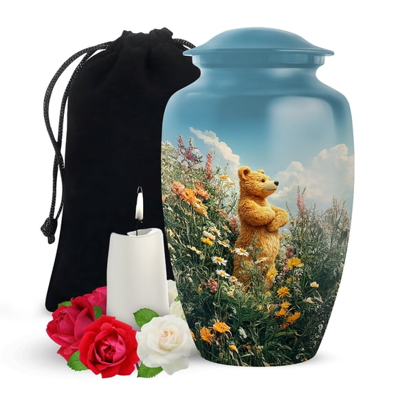 Yatskia Teddy Bear with Flowers Garden Large Urn for Adult Ashes Mother and Father, Decorative Memorial Urns for Human Ashes, (Classic Large, 10 Inch)