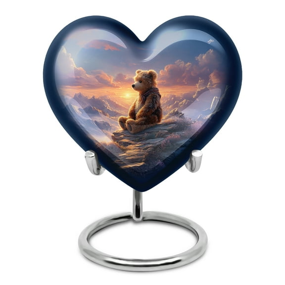 Yatskia Teddy Bear on Mountains Small Funeral Urns for Human Ashes Adult Male and Female, Little Memorial Urn for Ashes Adult, (Heart Pack of 1, 3 Inch)