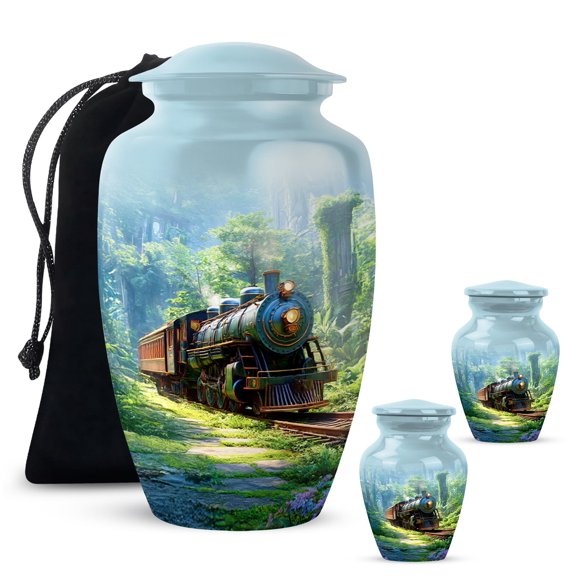 Yatskia Train Decorative Large Memorial Urn for Ash Adult Brother and Sister, Small Funeral Urns for Human Ashes Keepsake, (Classic 10 Inch and 3 Inch)