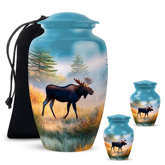 Yatskia Tranquil Forest Moose Decorative Large Memorial Urn for Ash Adult Brother and Sister, Small Funeral Urns for Human Ashes Keepsake, (Classic 10 Inch and 3 Inch)