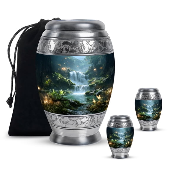 Yatskia Waterfall with Butterflies Decorative Large Funeral Urns for Human Ashes Adult Brother and Sister, Small Cremation Urn for Adult Ashes, (Monar 10 Inch and 3 Inch)