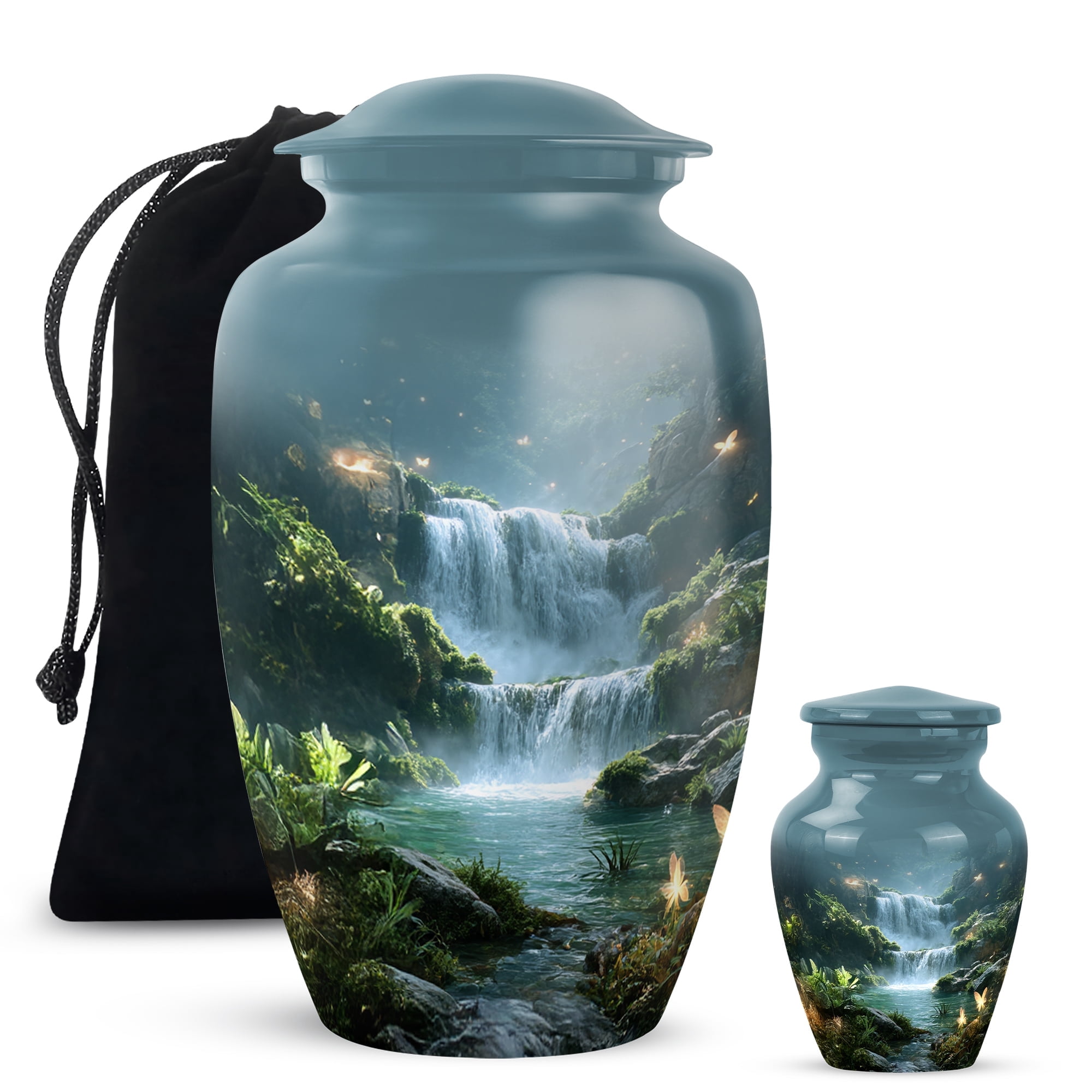 Yatskia Waterfall with Butterflies Large Funeral Urn for Ashes Adult Man, Decorative Small Cremation Keepsake Urn for Ashes for Women, (Classic 10 Inch and 3 Inch)