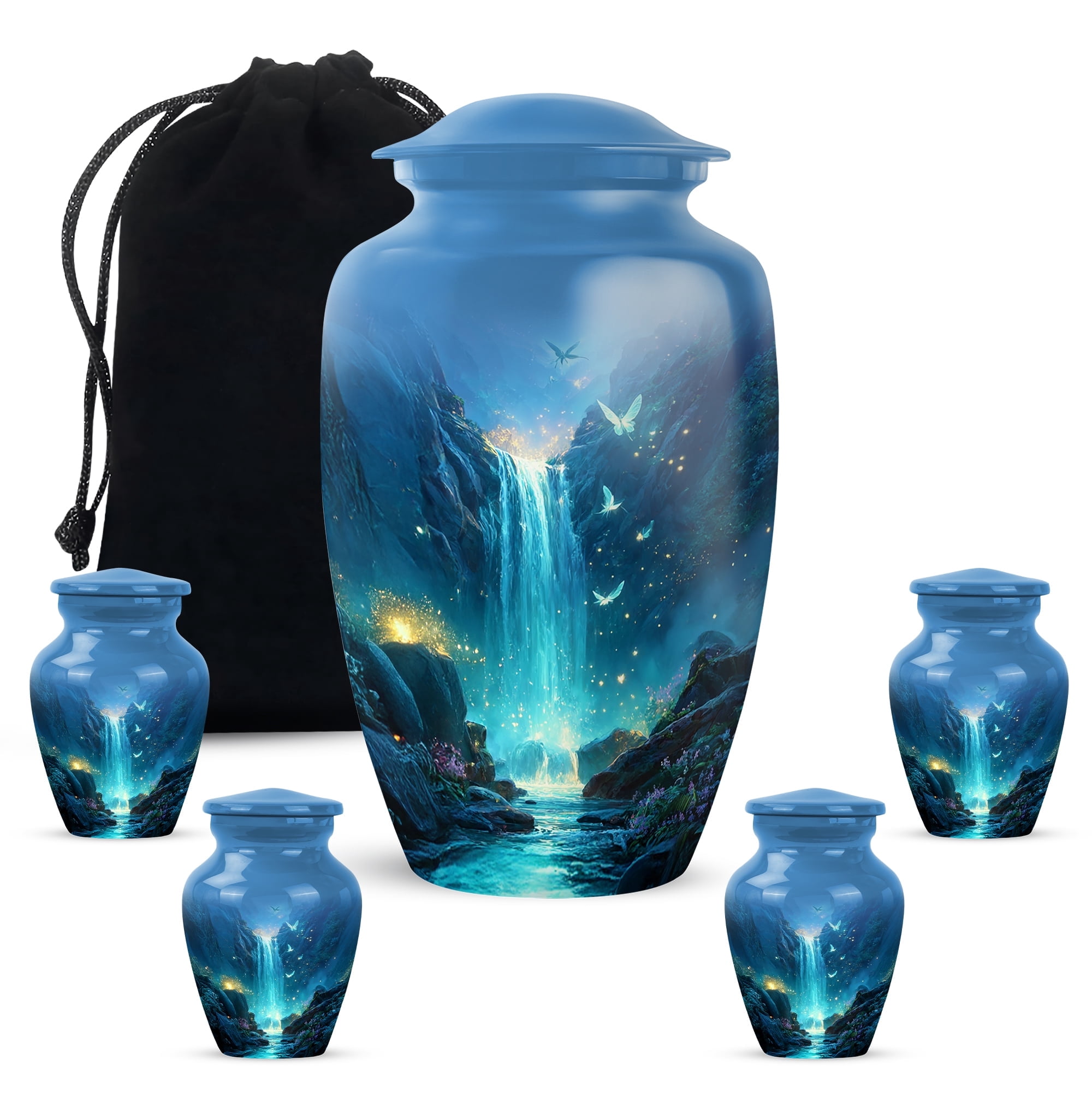 Yatskia Waterfall with Butterflies Little Funeral Keepsake Urns for Human Ashes Adult Mom and Dad, Decorative Large Cremation Urn for Adult Ash, (Classic 10 Inch and 3 Inch)