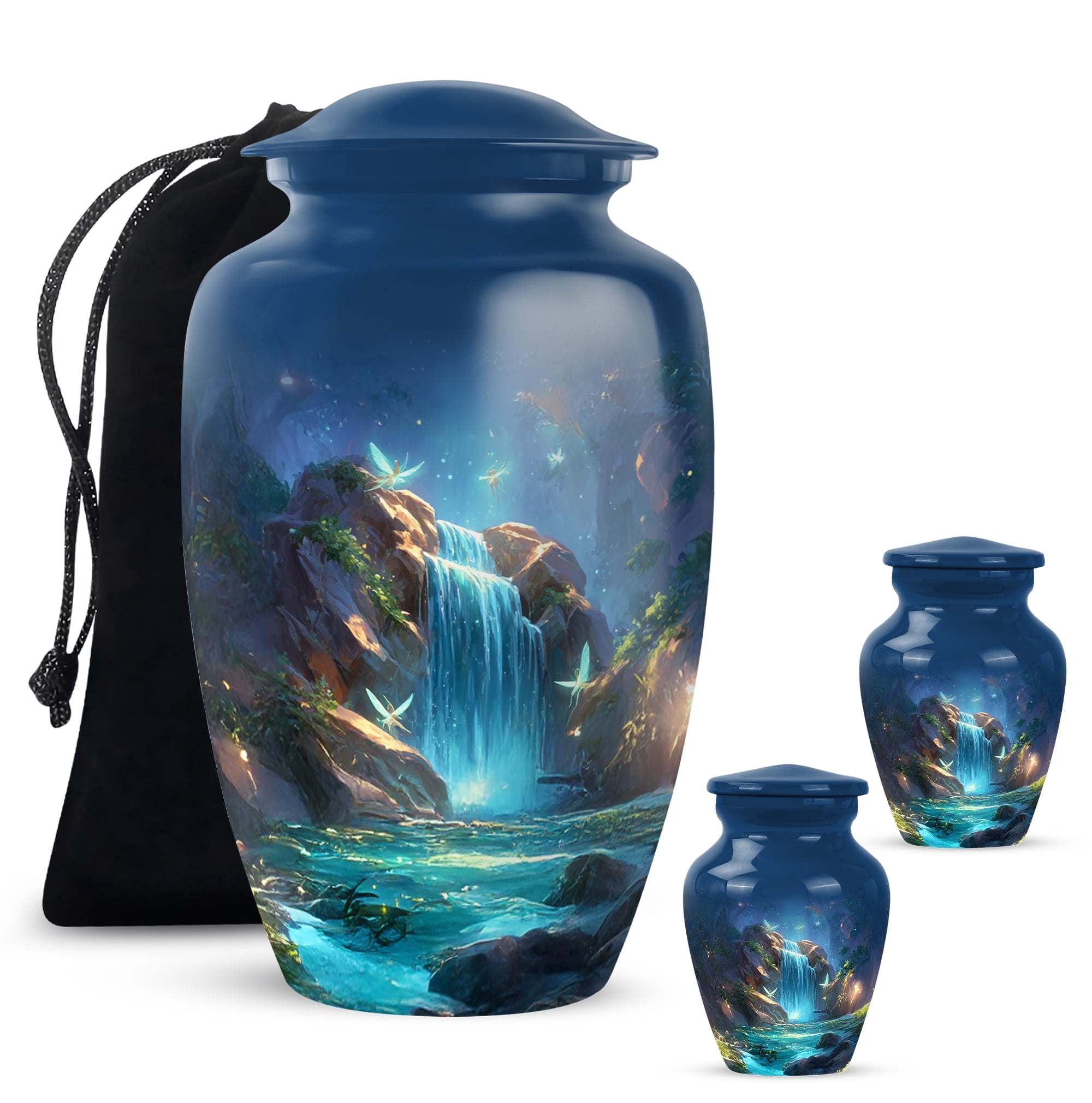 Yatskia Waterfall with Butterflies Mini Cremation Keepsake Urns for Human Ashes Adult Mother and Father, Decorative Large Funeral Urn for Ashes Adult, (Classic 10 Inch and 3 Inch)