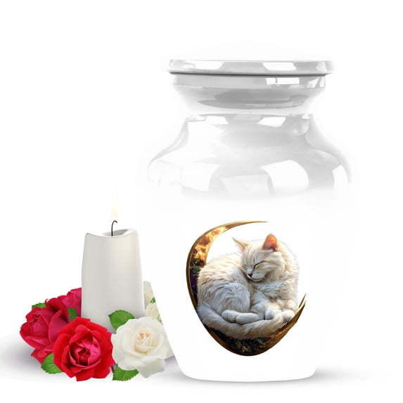 Yatskia White Cat Little Funeral Keepsake Urn for Ashes Adult Male and Female, Mini Memorial Burial Urns for Human Ashes Adult Man, (Classic Pack of 1, 3 Inch)