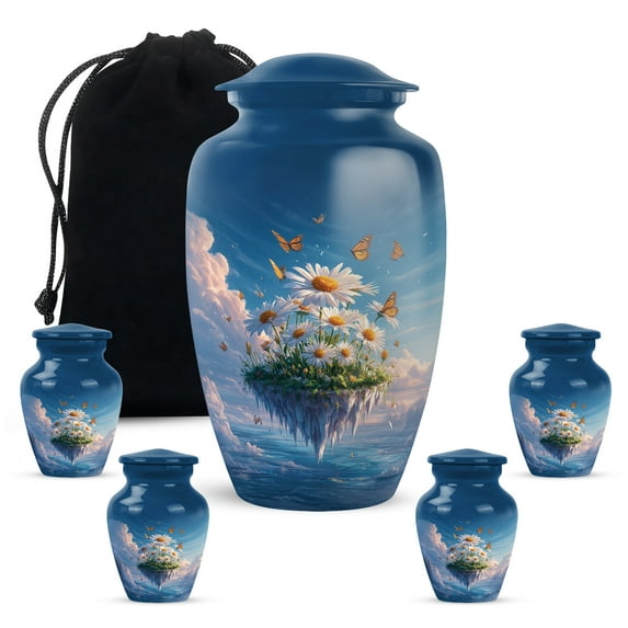 Yatskia White Daisy Butterfly Mini Memorial Urns for Human Ashes Adult Man, Large Burial Urn for Ashes for Women, Decorative Urns for Human Ash, (Classic 10 Inch and 3 Inch)