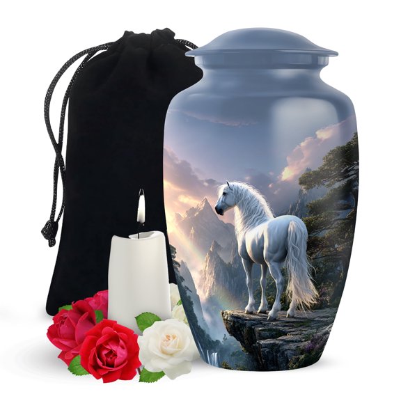Yatskia White Horse at Mountain Large Memorial Urns for Human Ashes Adult Male and Female, Decorative Cremation Urn for Adult Ash, (Classic Large, 10 Inch)