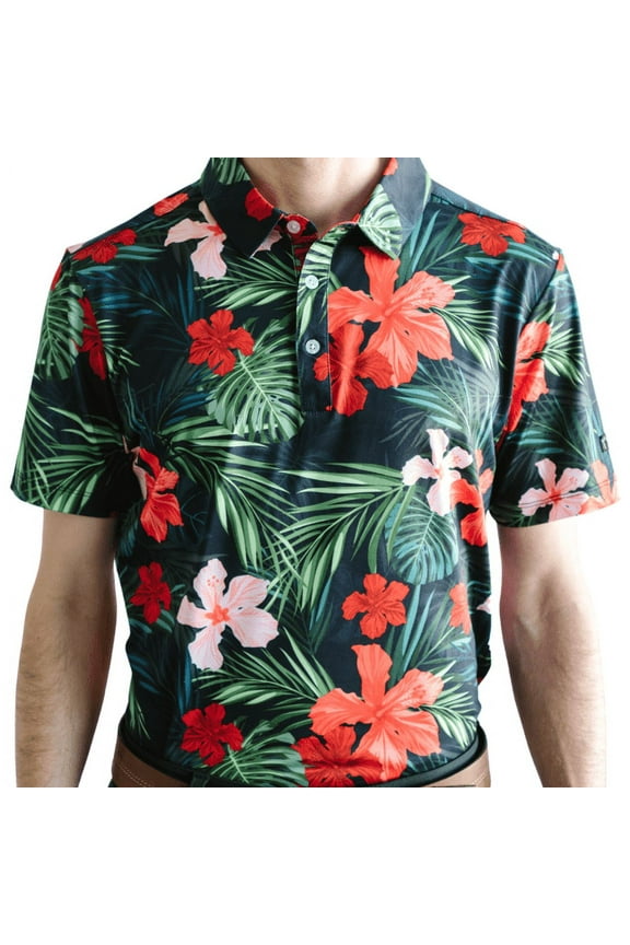 Men Polo Shirt - Short Sleeve Golf Apparel for Standout Performance On and Off the Golf Course - Printed Golf Polos for Men Dry Fit for Sports and Casual Wear (Jungle Hibiscus) - S