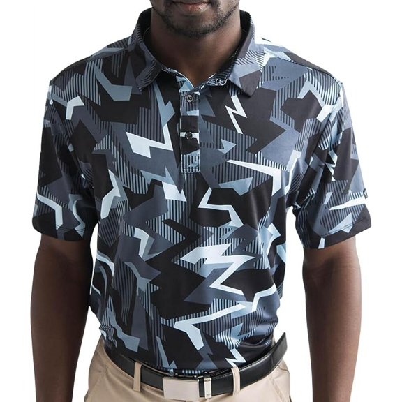 Yatta Golf Mens Standout Performance Short Sleeve Golf Polo Shirt (Graphite Glitch, Large)