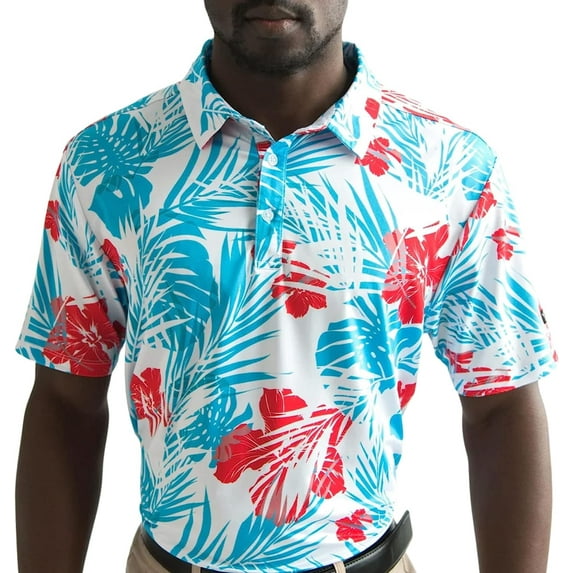 Yatta Golf Mens Standout Performance Short Sleeve Golf Polo Shirt (Red White & Beaches, Large)