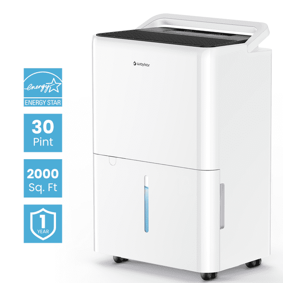 Waykar 30 Pint Dehumidifier for Home and Basements, (DOE 10 Pt) up to 1000 Sq. Ft, with Bucket, Drain Hose, Portable, Auto Self-Drying