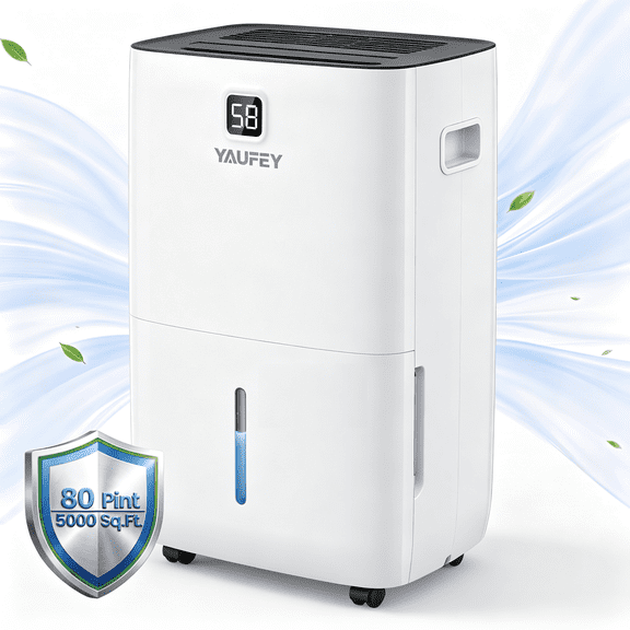 Yaufey 80 Pint Dehumidifier for Home & Basement, up to 5,000 Sq. Ft., Ultra-Quiet 46dB, Continuous Drain, Auto Defrost, Energy Star