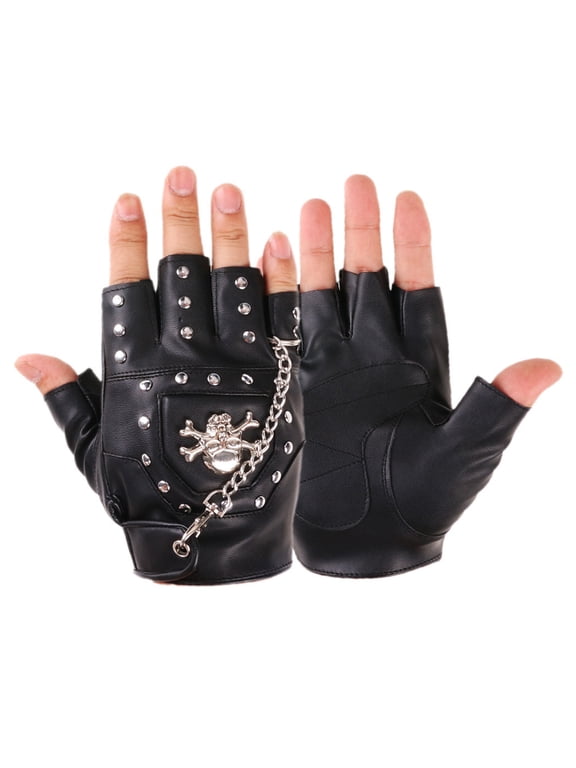 Half-Finger Gloves Half Finger Punk Rivets PU Leather Gloves Black Cycling Gloves with Metal Chain for Motorcycles Fingerless Dancing Mitte
