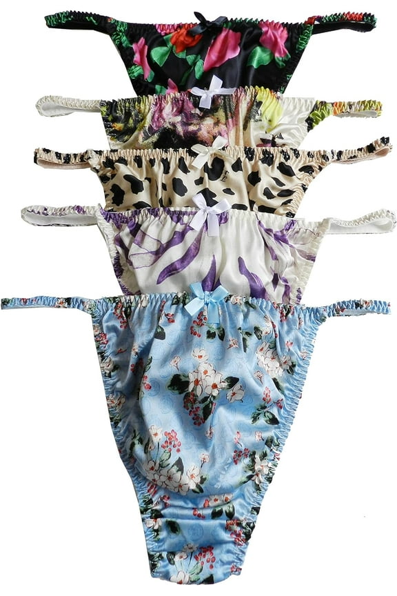 5pcs Women's Silk G-Strings Thongs Flower Panties Size S M L XL 2XL