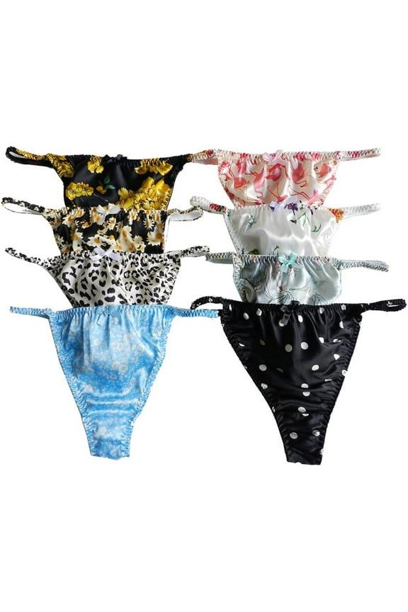 8pcs Womens Silk Thong Panties Sexy G String Thongs T Back Satin Bikini Flower Underwear
